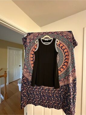 Black Sleeveless A-Line Dress with Striped Trim